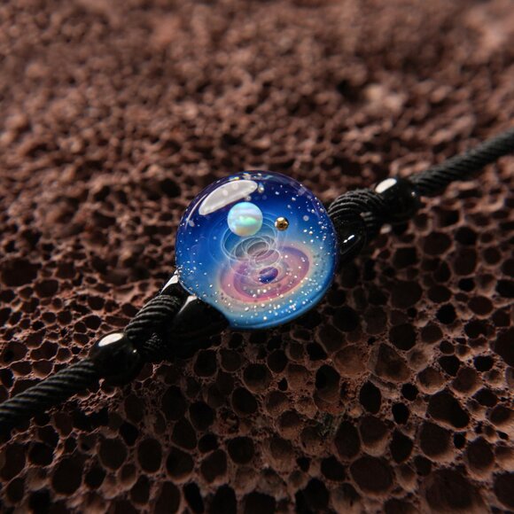 Planet Celestial Jewelry; Glass Galaxy Pendant/Bracelet made with Gold and Opal - Picture 2 of 7